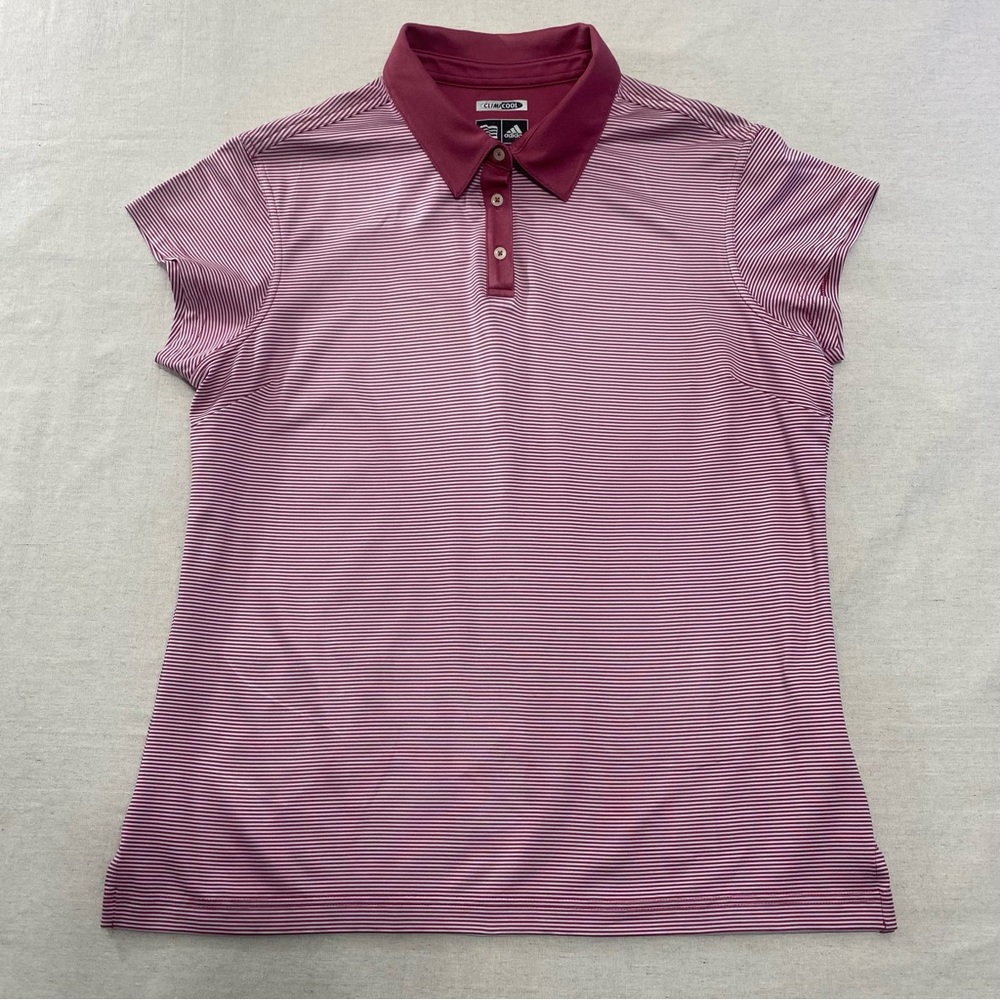 VTG Adidas Golf Polo Shirt Top ClimaCool Pink Stripe Women's Size Large Stretch